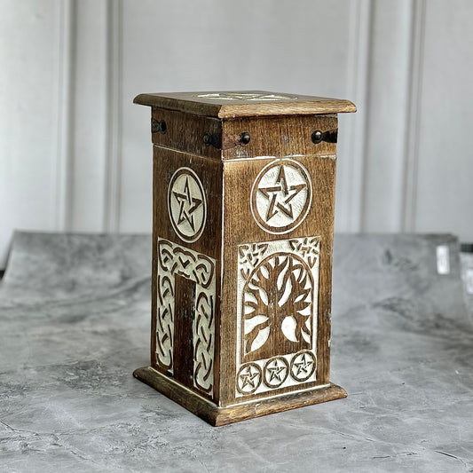 Vintage-Style Wooden Herb Chest with Pentacle Carving