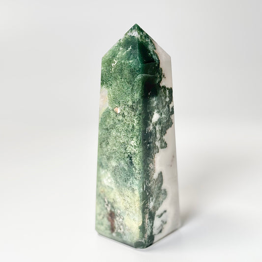 Four Facet Moss Agate Tower – 338g - Nature-Inspired Calm & Grounded Beauty