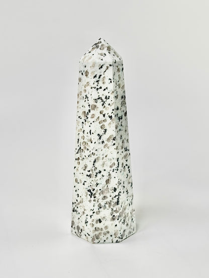 Eight Facet Indian Dalmatian Jasper Tower – 1.1 Kg (B)- Playful Elegance & Balanced Design