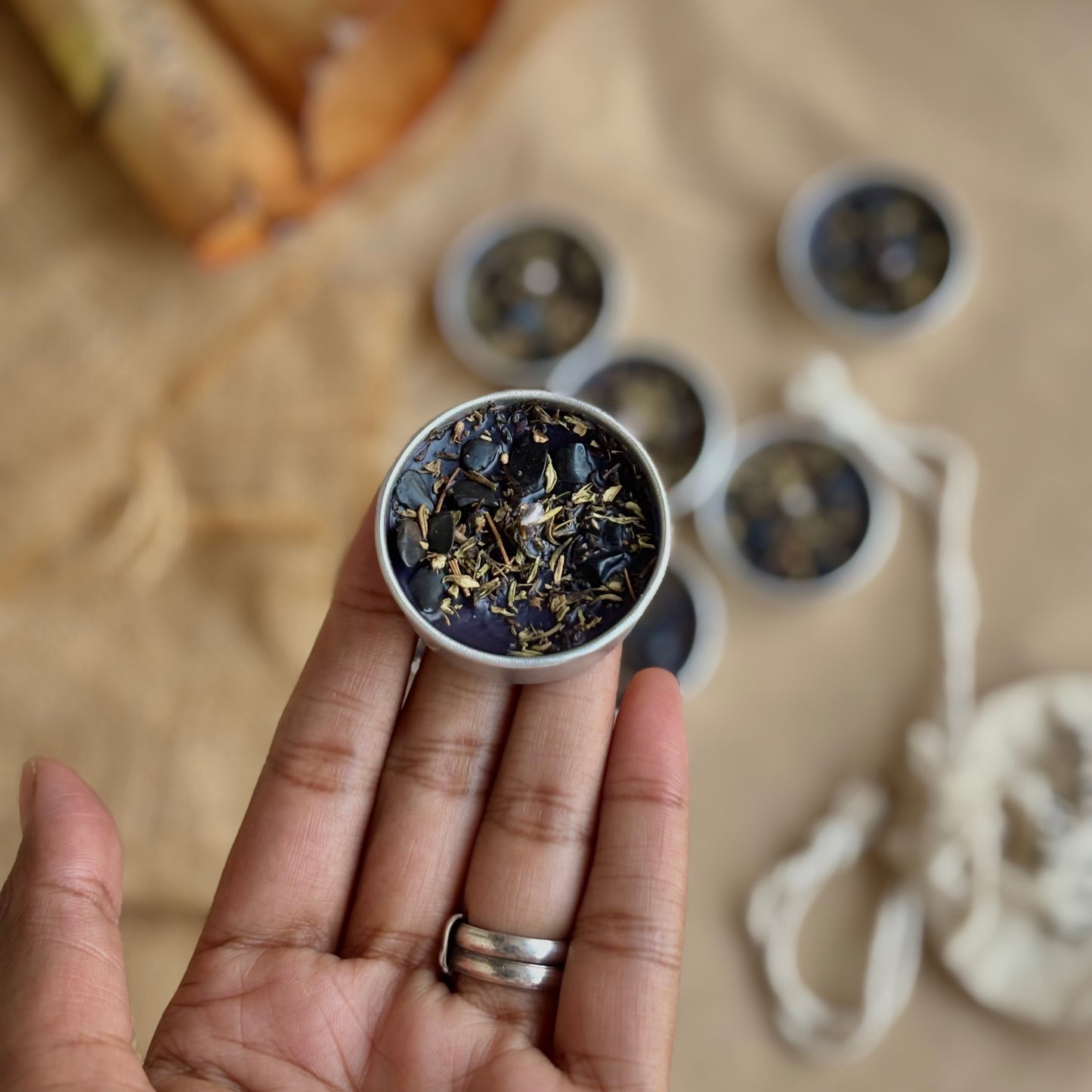 Black Soy Wax Tealight Candle with Thyme & Black Tourmaline