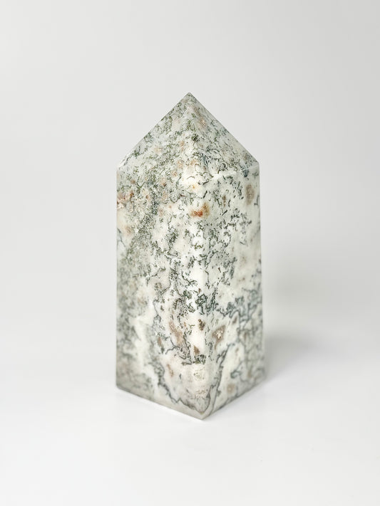Four Facet Moss Agate Tower – 596g - Nature-Inspired Calm & Grounded Beauty