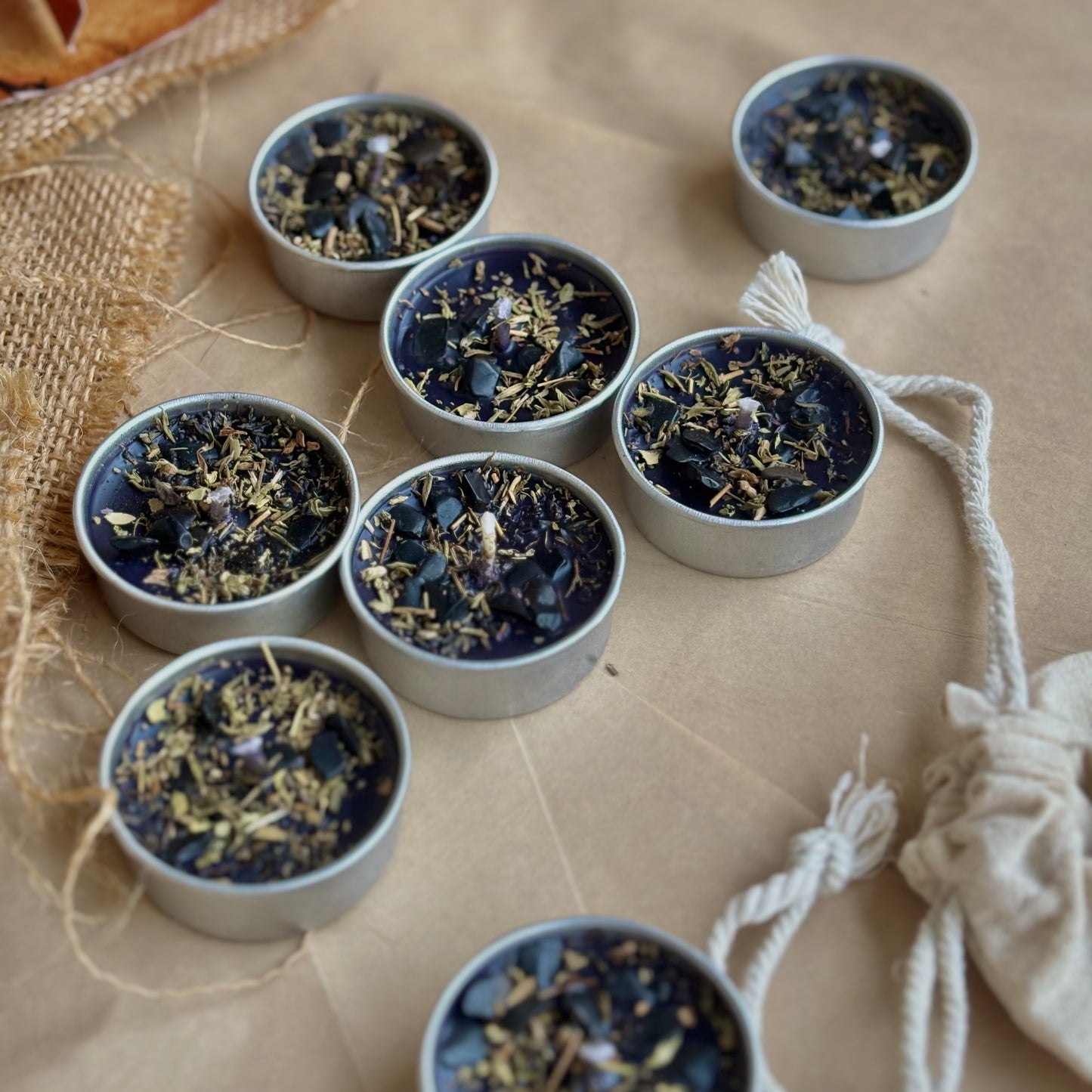 Black Soy Wax Tealight Candle with Thyme & Black Tourmaline