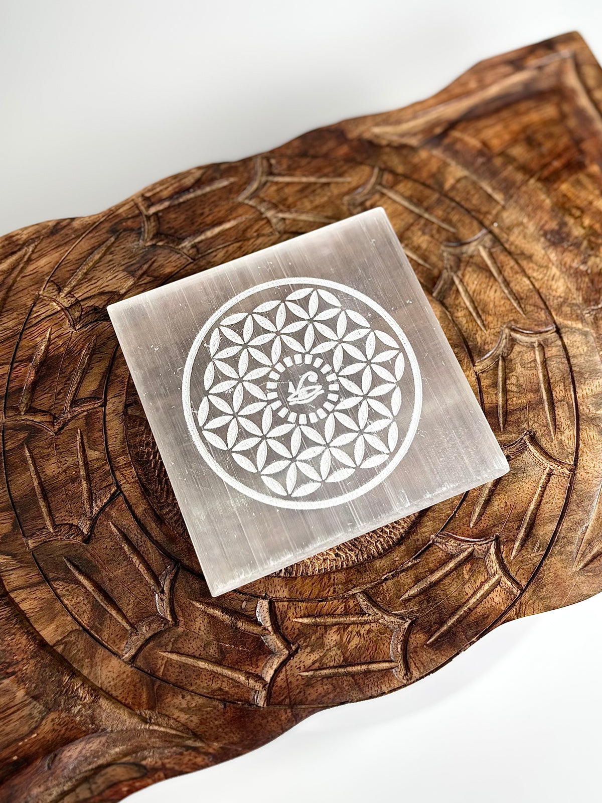 Flower of Life & Eye of Horus Selenite Square Plate