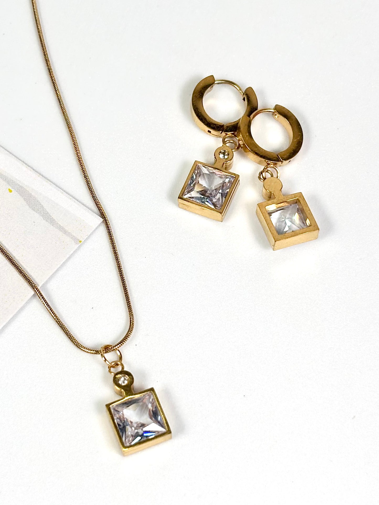 Crystal Square Pendant Necklace &amp; Hoop Earrings Set | Gold-Plated Stainless Steel | The Lilith Store