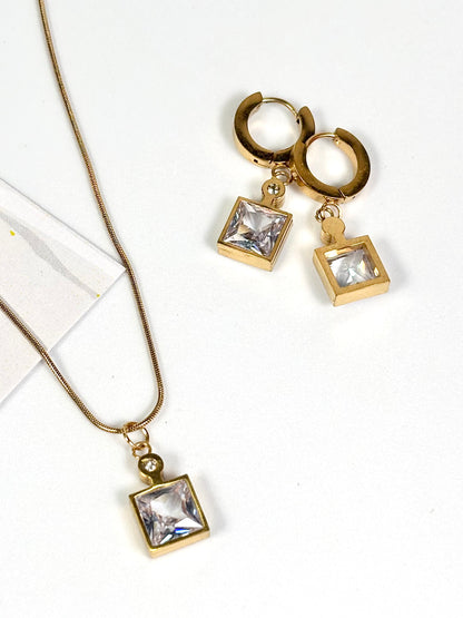 Crystal Square Pendant Necklace &amp; Hoop Earrings Set | Gold-Plated Stainless Steel | The Lilith Store
