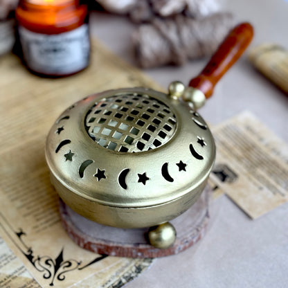 Crescent Moon & Stars Iron Incense Holder with Gold finish and wooden handle