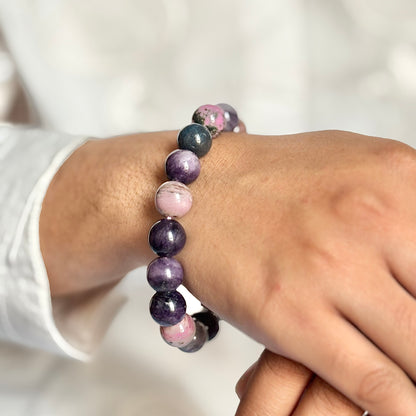 Superior Quality Sugilite Bead Bracelet- 12mm ( More Purple & Pink Colour Inclusion ) | Stimulate Crown Chakra, Enhance Intution & Spiritual Awarness