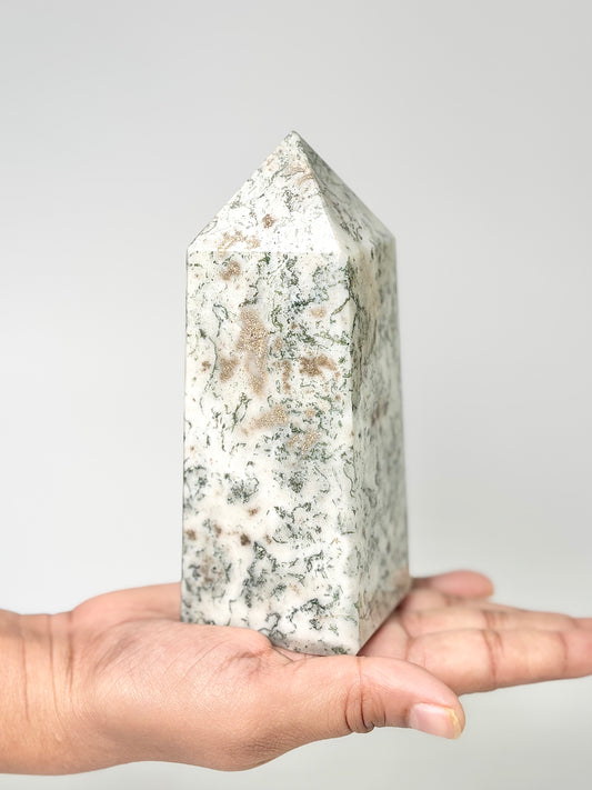 Four Facet Moss Agate Tower – 596g - Nature-Inspired Calm & Grounded Beauty