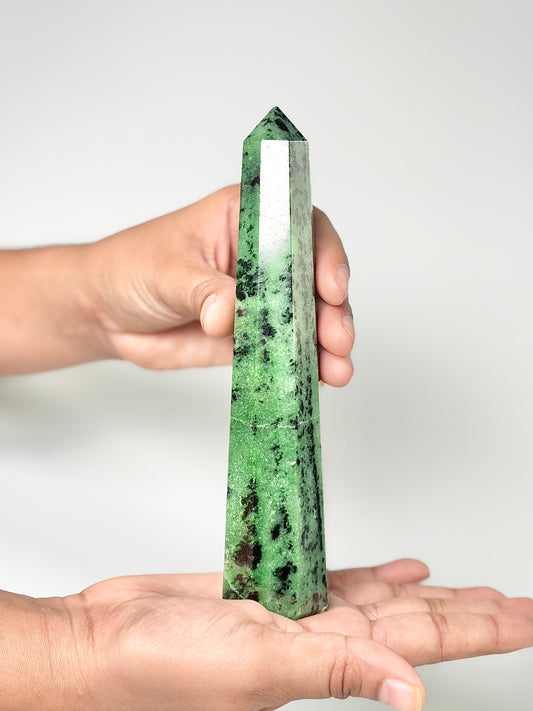 Eight Facet Zoisite Tower – 320g -Natural Green Beauty & Balanced Design