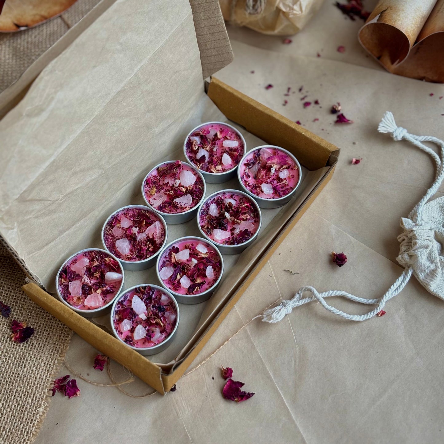 Pink Soy Wax Tealight Candle with Rose Petals & Rose Quartz