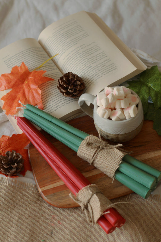 Green & Red Taper Candles | Set of 10 | Soy Candle