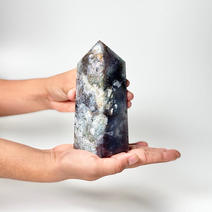Four Facet Moss Agate Tower – 641g - Nature-Inspired Calm & Grounded Beauty