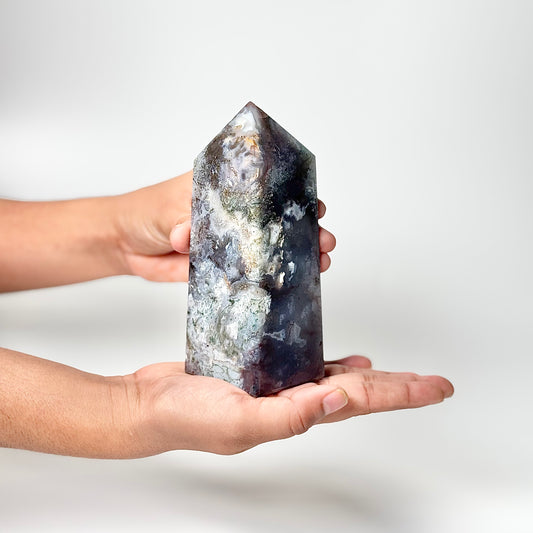 Four Facet Moss Agate Tower – 641g - Nature-Inspired Calm & Grounded Beauty
