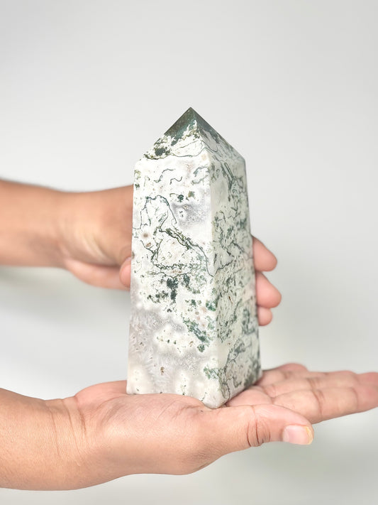 Four Facet Moss Agate Tower – 580g - Nature-Inspired Calm & Grounded Beauty