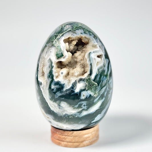 Druzy Moss Agate Egg Carving - 1.2 Kg | Promotes wealth and business growth