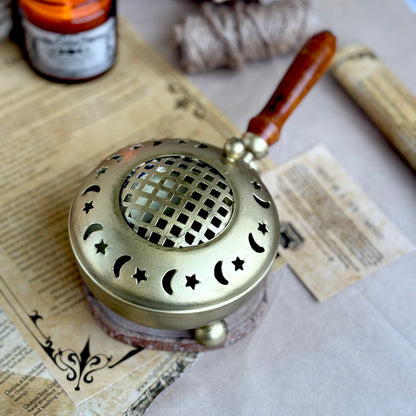 Crescent Moon & Stars Iron Incense Holder with Gold finish and wooden handle