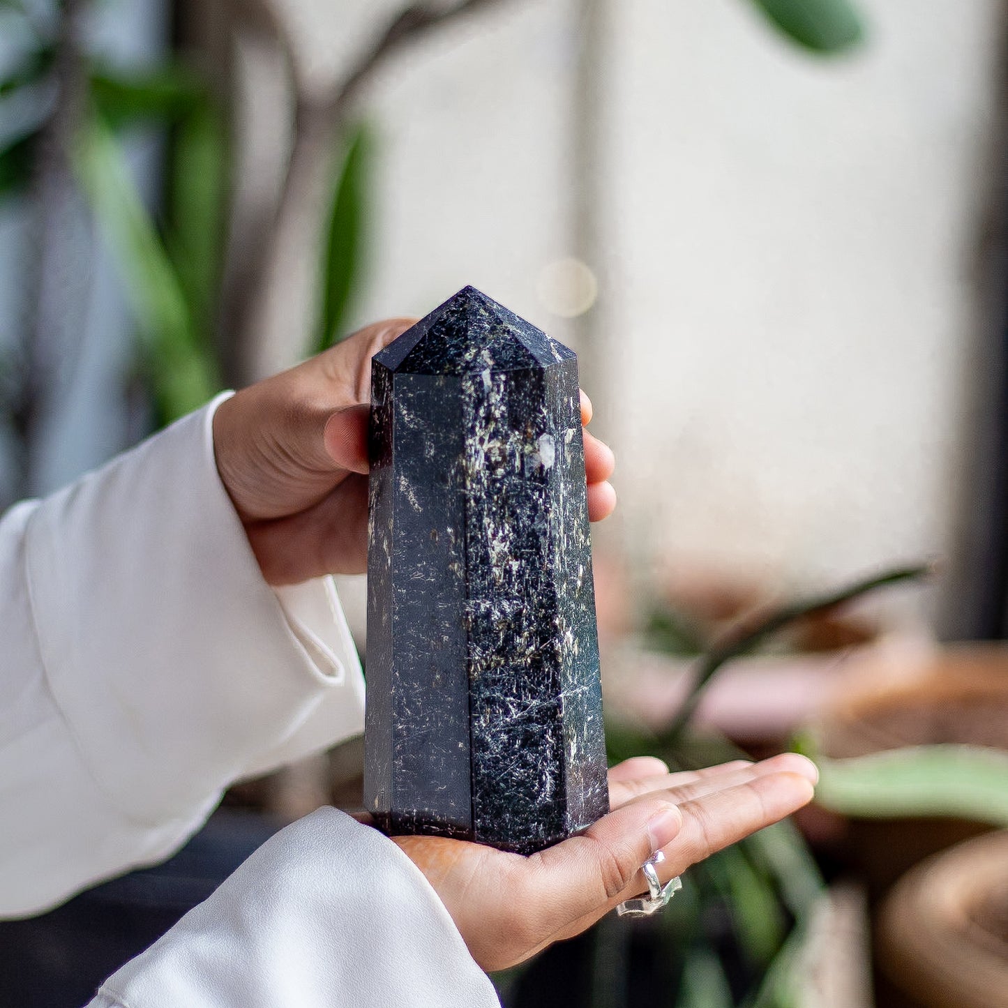 Black Tourmaline with Inclusion of Mica Six Facet Tower - 1020 Gm | Grounding & Protection