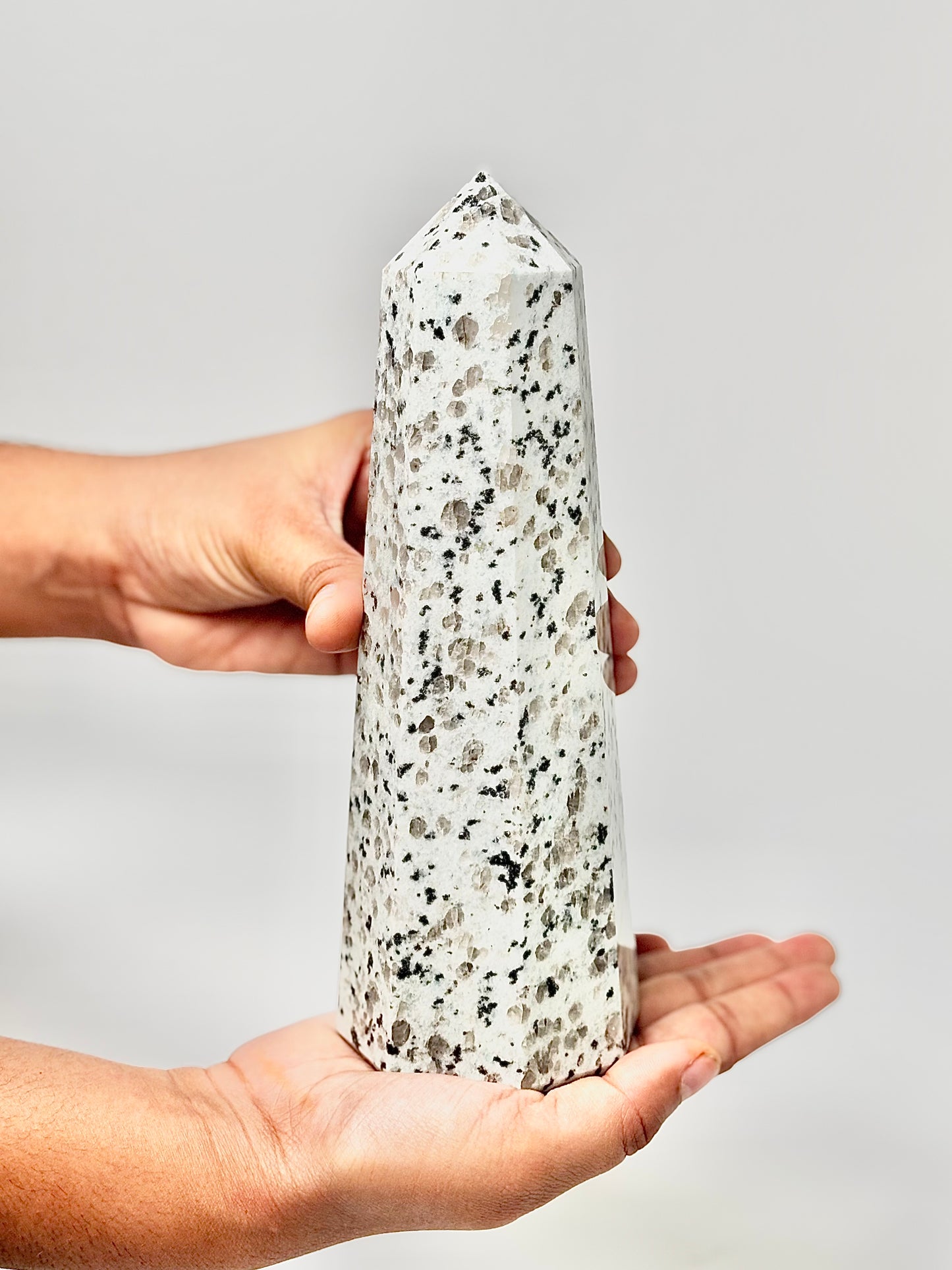 Eight Facet Indian Dalmatian Jasper Tower – 1.1 Kg (B)- Playful Elegance & Balanced Design