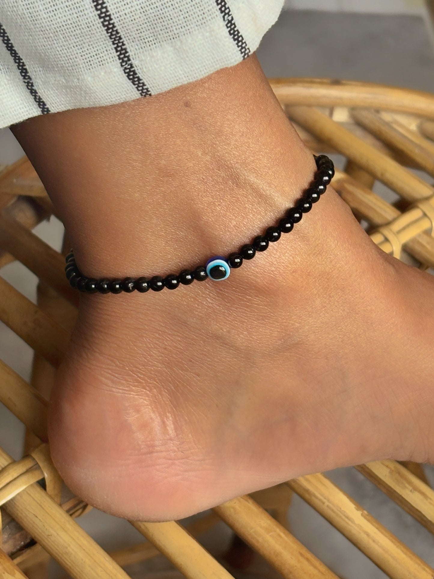 Black Obsidian with Evil Eye Bead mini bead anklet - 4mm | Removes blockages & Provides great Protection