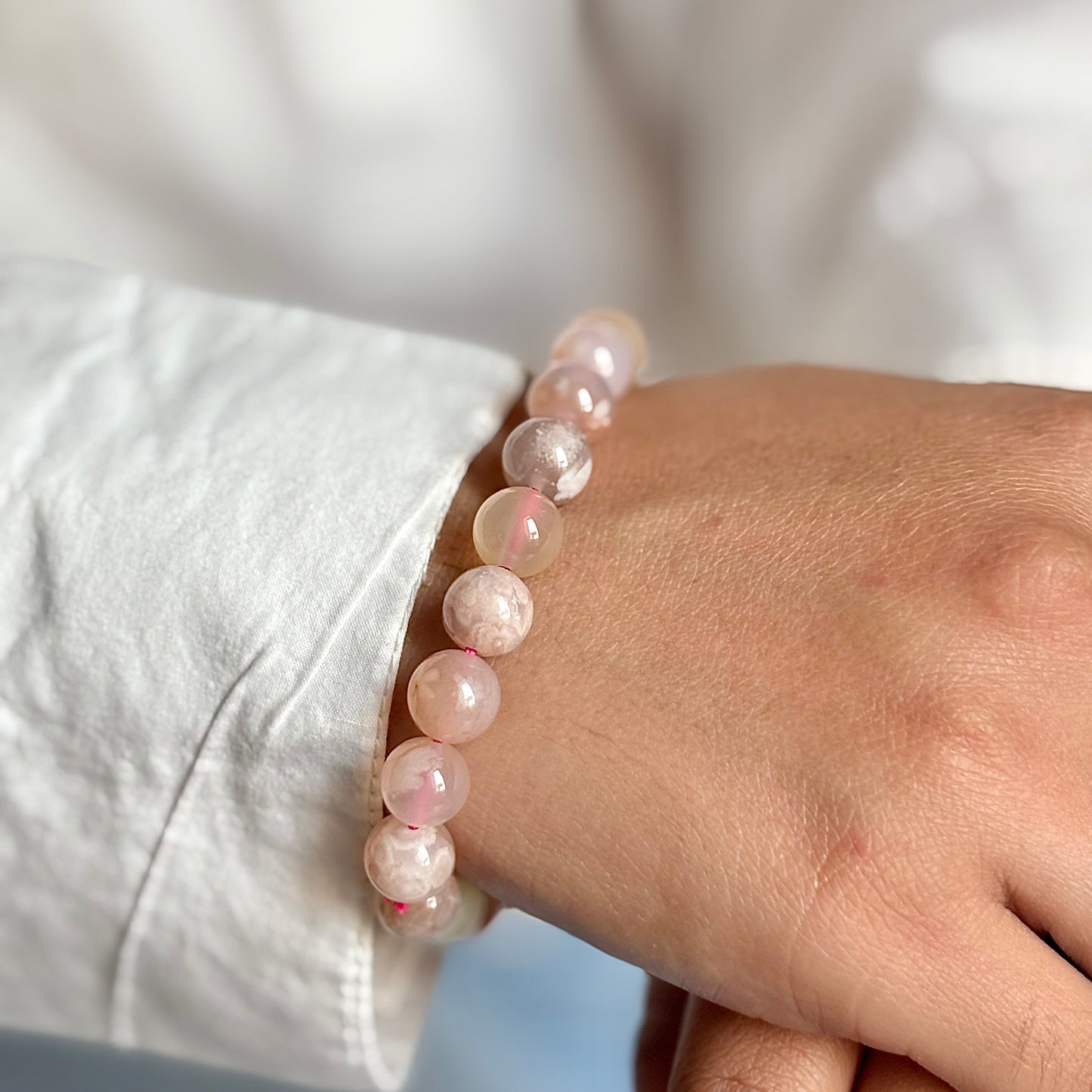 Pink Flower Agate Bead Bracelet-10mm | Helps overcoming Fear & Heals Heart Chakra