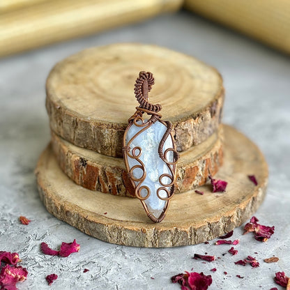 Blue Lace Agate copper wire wrapped Pendant | Neutralise Anger