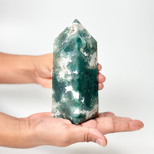Four Facet Moss Agate Tower – 570g - Nature-Inspired Calm & Grounded Beauty