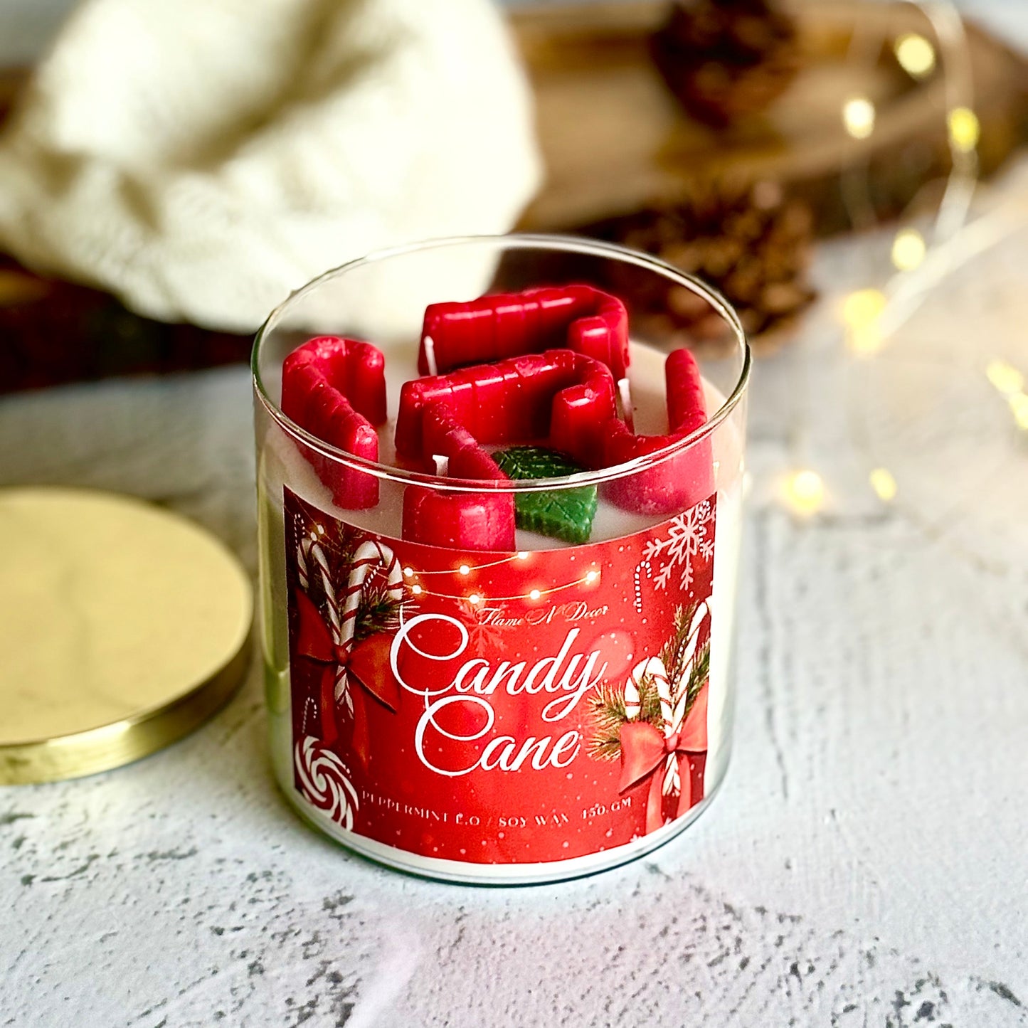 Candy Cane 3 wick Soy Candle with Golden Lid