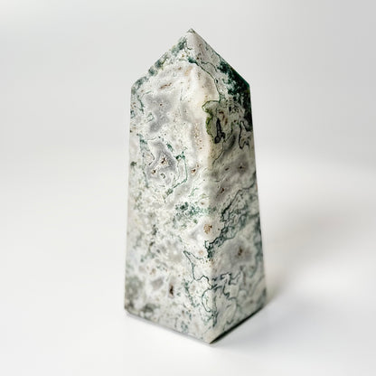 Four Facet Moss Agate Tower – 563g - Nature-Inspired Calm & Grounded Beauty