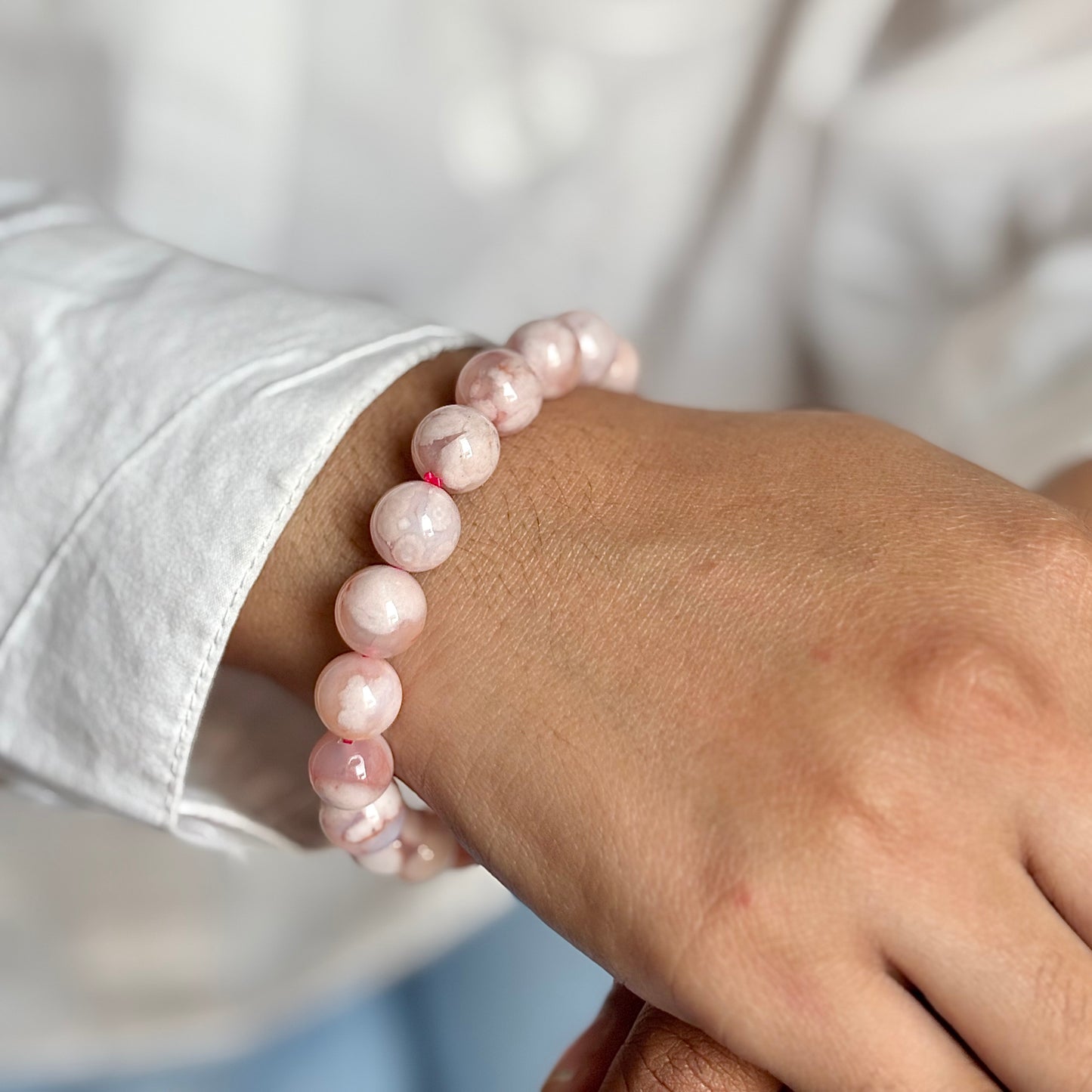 Pink Flower Agate Bead Bracelet- 8mm | Helps overcoming Fear & Heals Heart Chakra