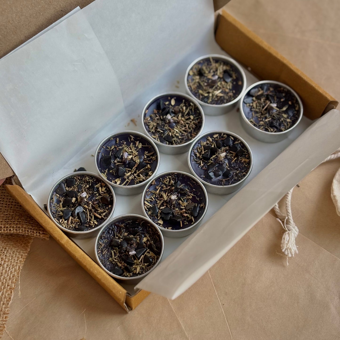 Black Soy Wax Tealight Candle with Thyme & Black Tourmaline