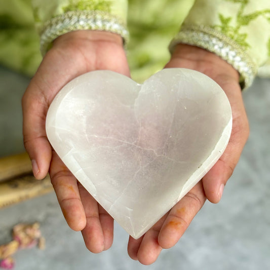 Heart Shaped Selenite Bowl (Satin Spar Selenite) | 7 Cm approx | Stone for Spiritual work & Cleansing