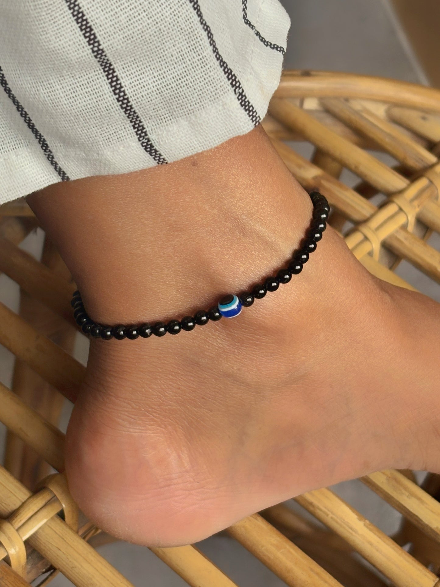 Black Obsidian with Evil Eye Bead mini bead anklet - 4mm | Removes blockages & Provides great Protection