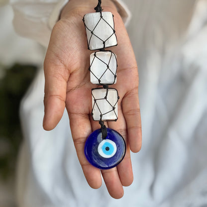 Selenite with Evil Eye Door Hanging | Hanger | Dangler - (Satin Spar Selenite) | Stone for Spiritual work & Cleansing