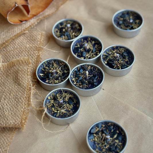 Black Soy Wax Tealight Candle with Thyme & Black Tourmaline