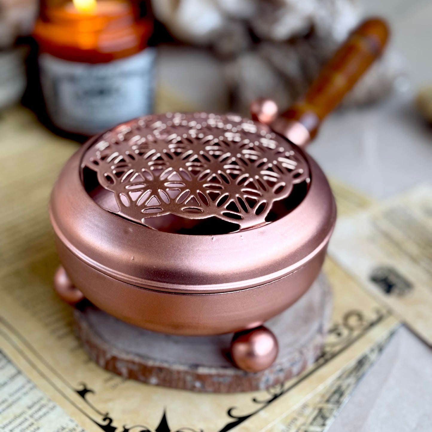 Flower of Life Iron Incense Holder with Rose Gold finish and wooden handle