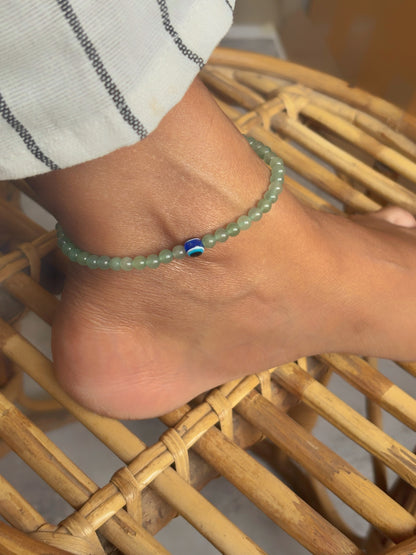 Green Aventurine with Evil Eye Bead Anklet - 4mm | Stone for financial abundance & Prosperity