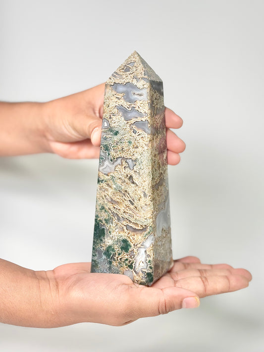 Four Facet Moss Agate Tower – 613g - Nature-Inspired Calm & Grounded Beauty