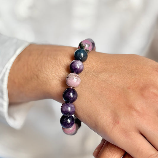 Superior Quality Sugilite Bead Bracelet- 12mm ( More Purple & Pink Colour Inclusion ) | Stimulate Crown Chakra, Enhance Intution & Spiritual Awarness