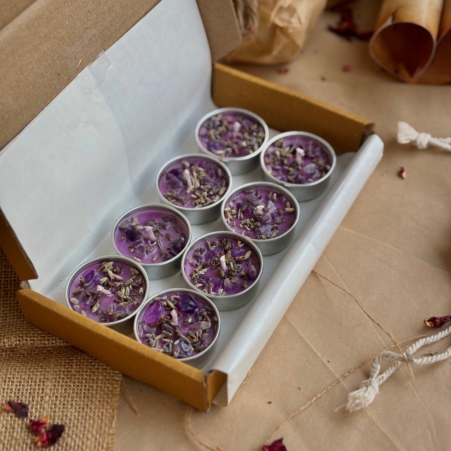 Lavender Soy Wax Tealight Candle with Lavender & Amethyst