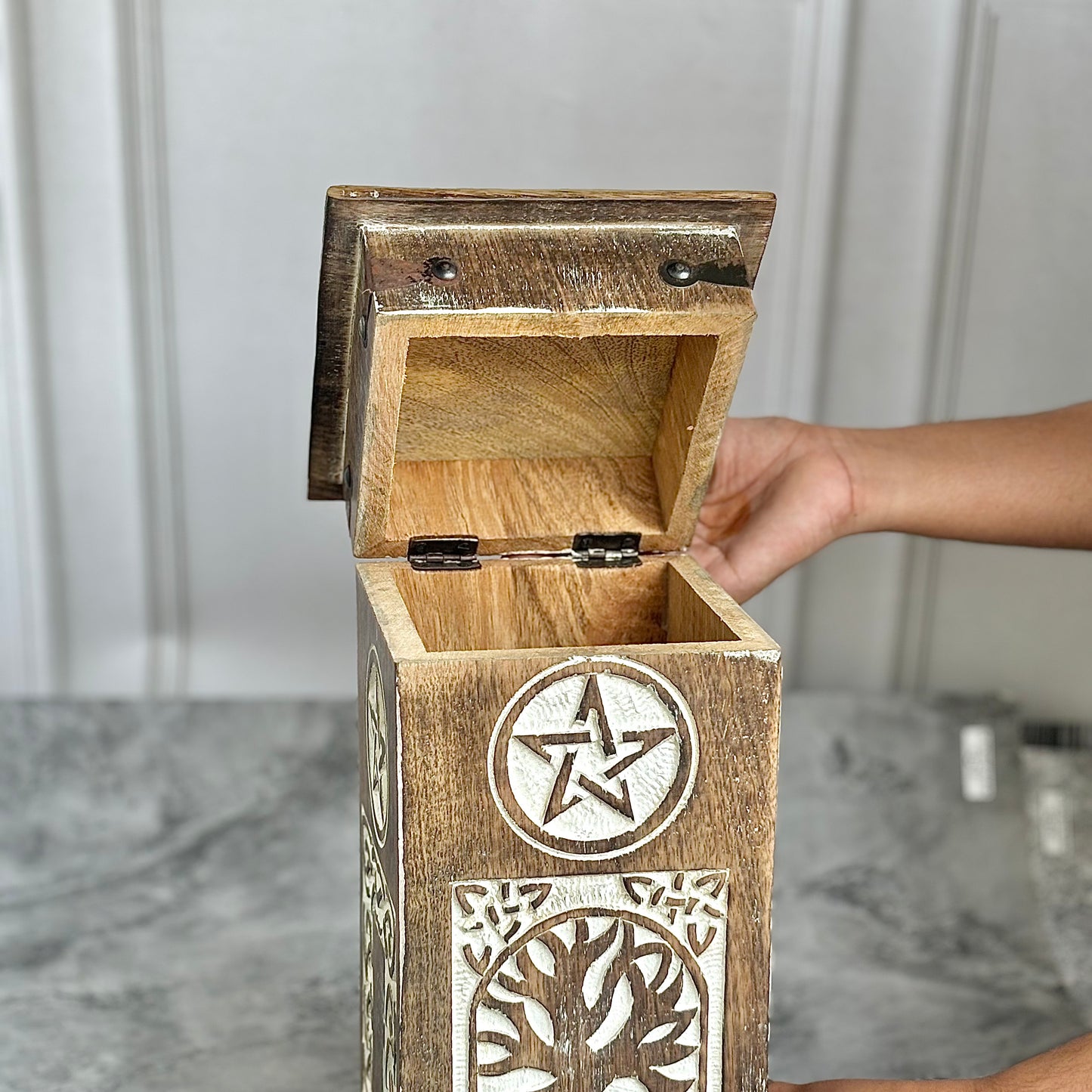 Vintage-Style Wooden Herb Chest with Pentacle Carving