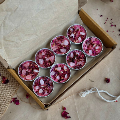 Pink Soy Wax Tealight Candle with Rose Petals & Rose Quartz