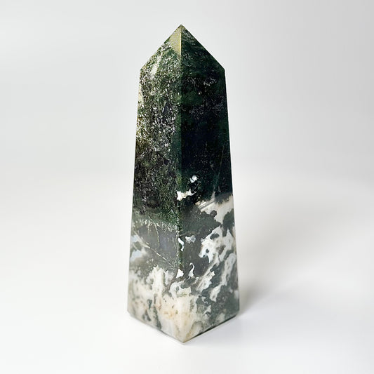 Four Facet Moss Agate Tower – 500g - Nature-Inspired Calm & Grounded Beauty
