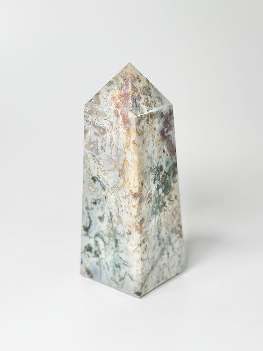 Four Facet Moss Agate Tower – 550g - Nature-Inspired Calm & Grounded Beauty