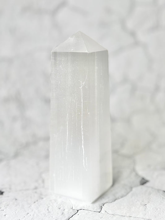 Four Facet Selenite Tower – 428g - Soft Glow & Balanced Form