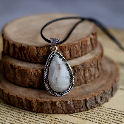 Rainbow moonstone Pendant with Black Cord | Cultivates Compassion & empathy