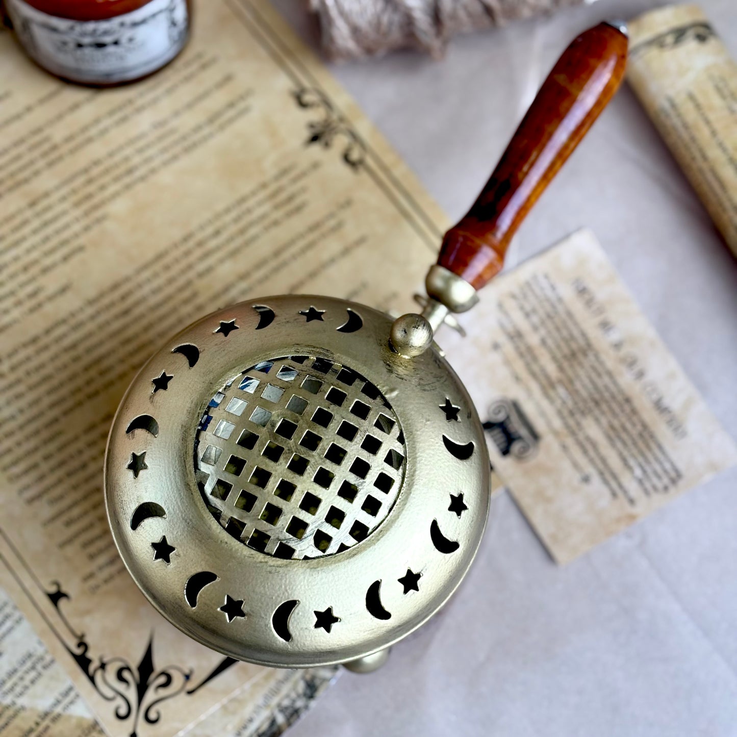 Crescent Moon & Stars Iron Incense Holder with Gold finish and wooden handle