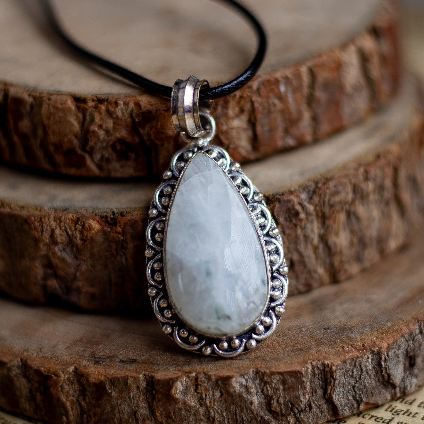 Rainbow moonstone Pendant with Black Cord | Cultivates Compassion & empathy