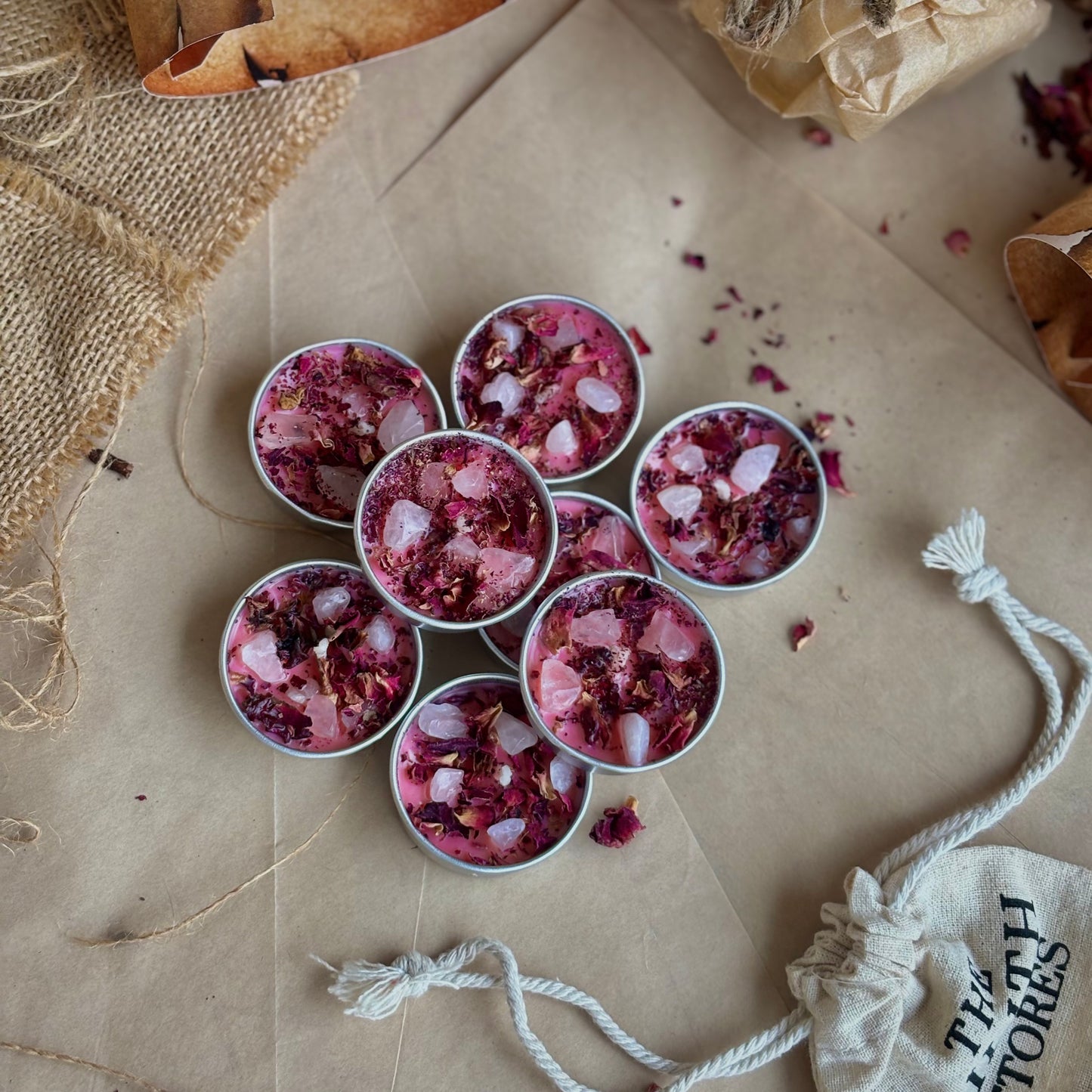 Pink Soy Wax Tealight Candle with Rose Petals & Rose Quartz
