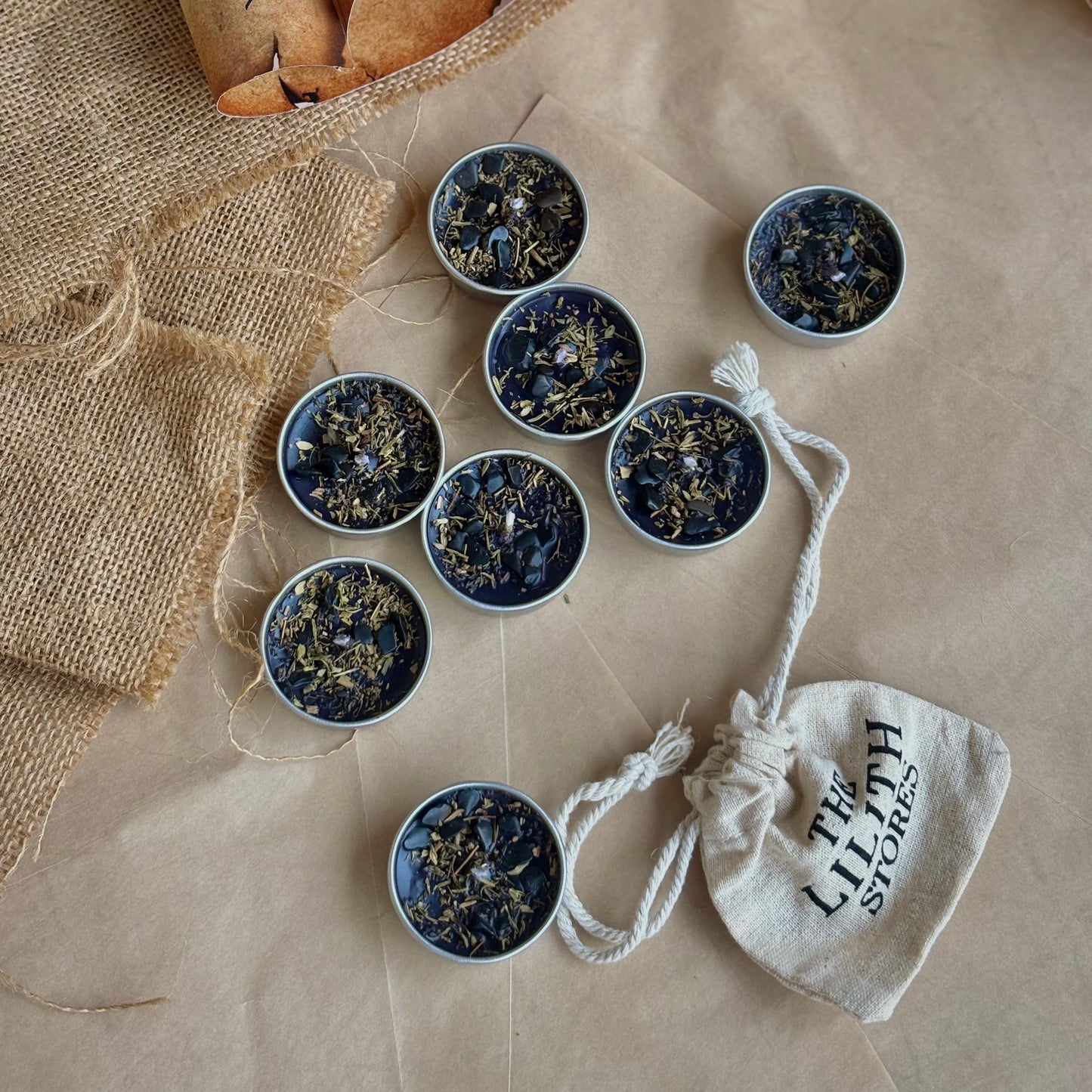 Black Soy Wax Tealight Candle with Thyme & Black Tourmaline