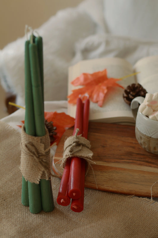 Green & Red Taper Candles | Set of 10 | Soy Candle